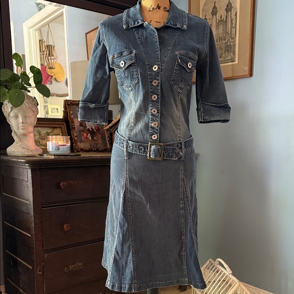 Hot Kiss Y2K Denim Shirt Dress Belted Button Front Blue Medium - Picture 2 of 16